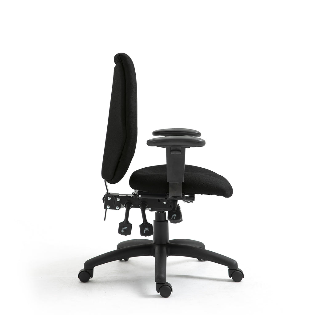 Black office chair with adjustable features on a white background