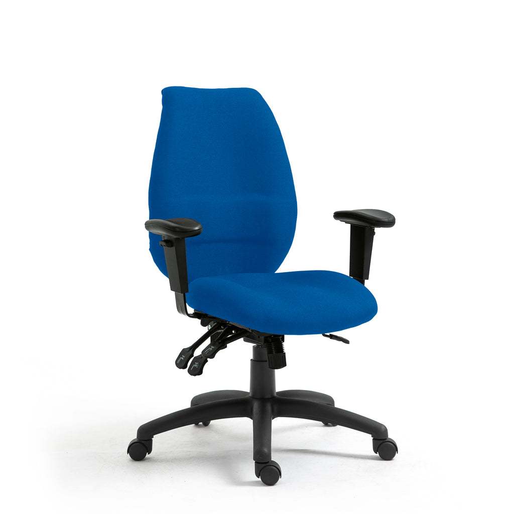 Blue office chair with black arms and frame on a white background