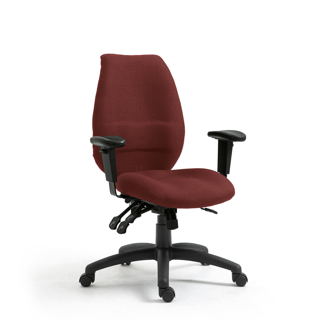 Red office chair with black arms and frame on a white background