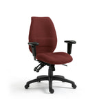Red office chair with black arms and frame on a white background