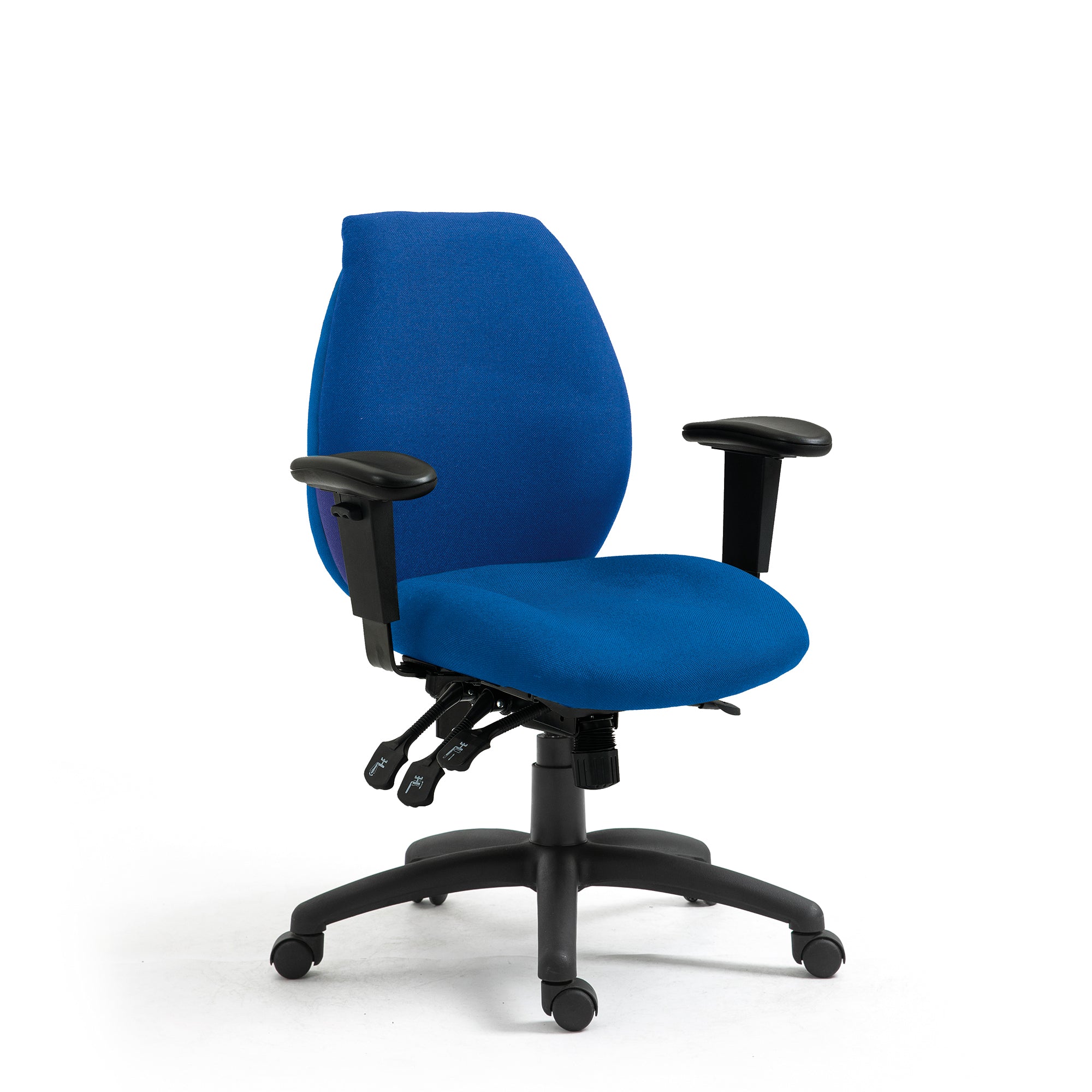 Blue office chair with black arms and base on a white background