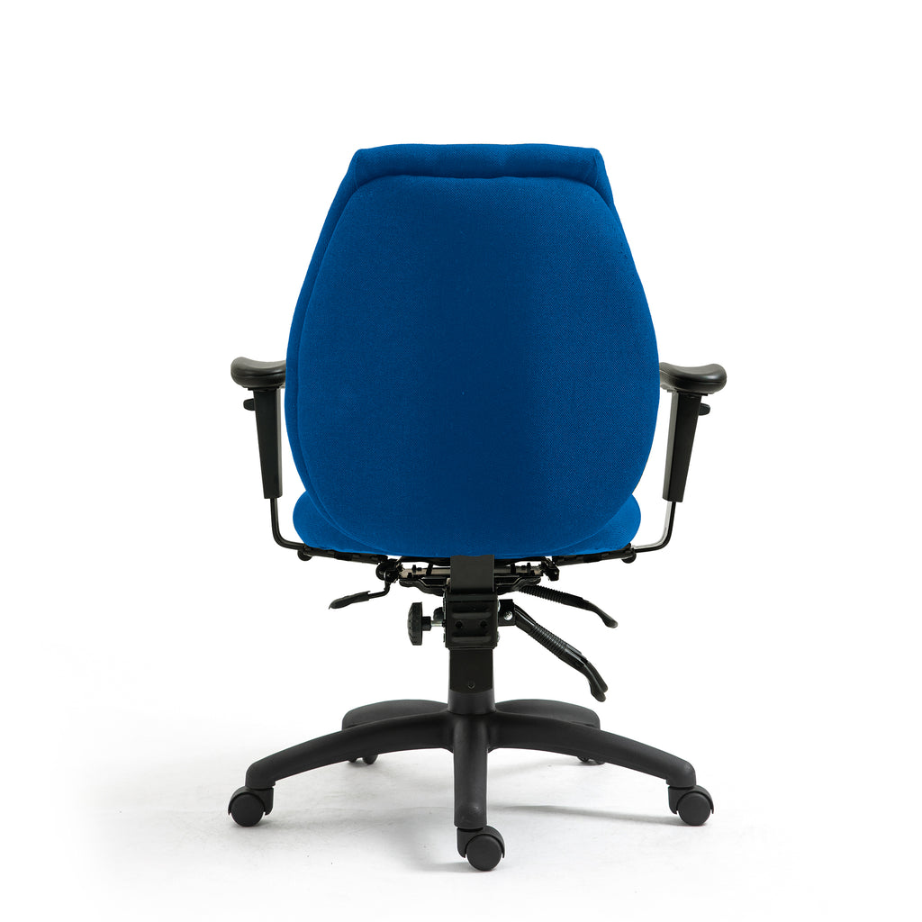 Blue office chair with black arms and base on a white background