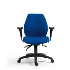 Blue office chair with black arms and base on a white background