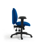 Blue office chair with black arms and base on a white background