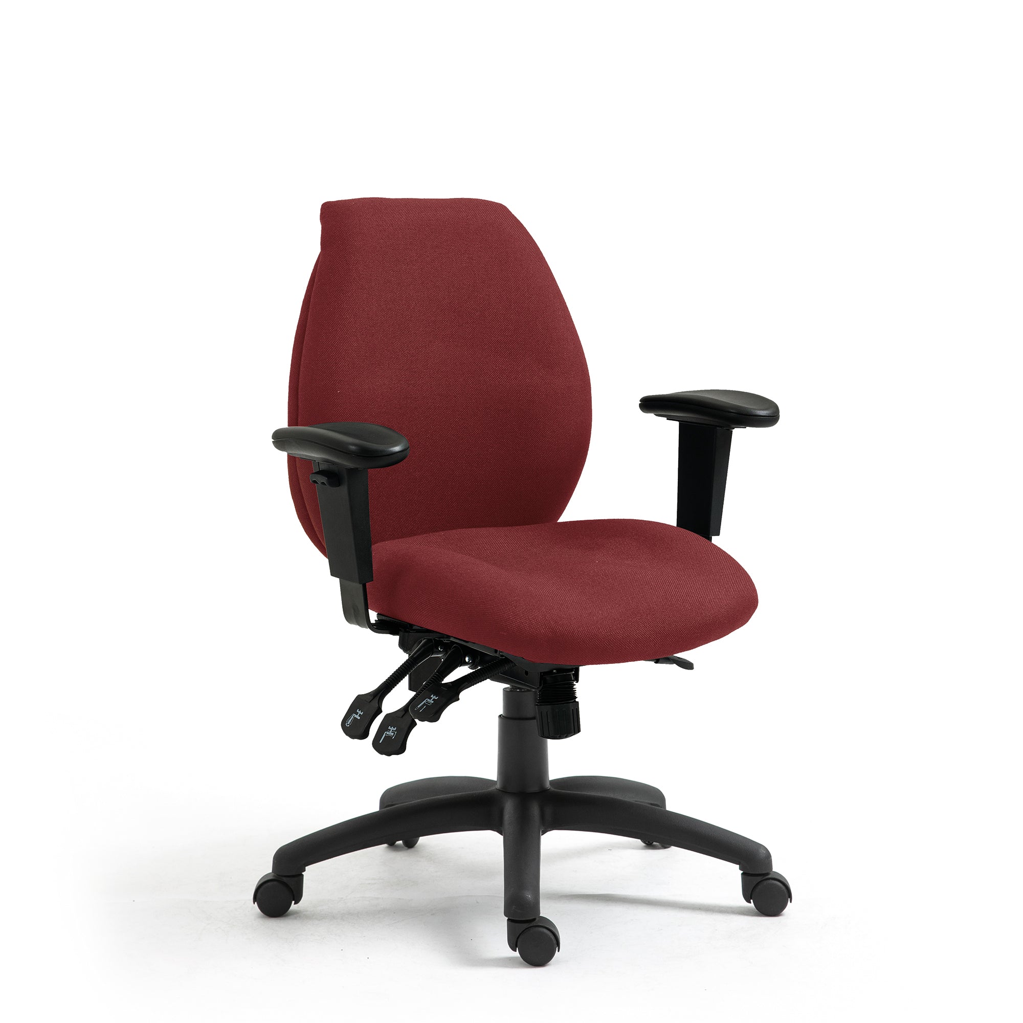 Red office chair with black arms and base on a white background