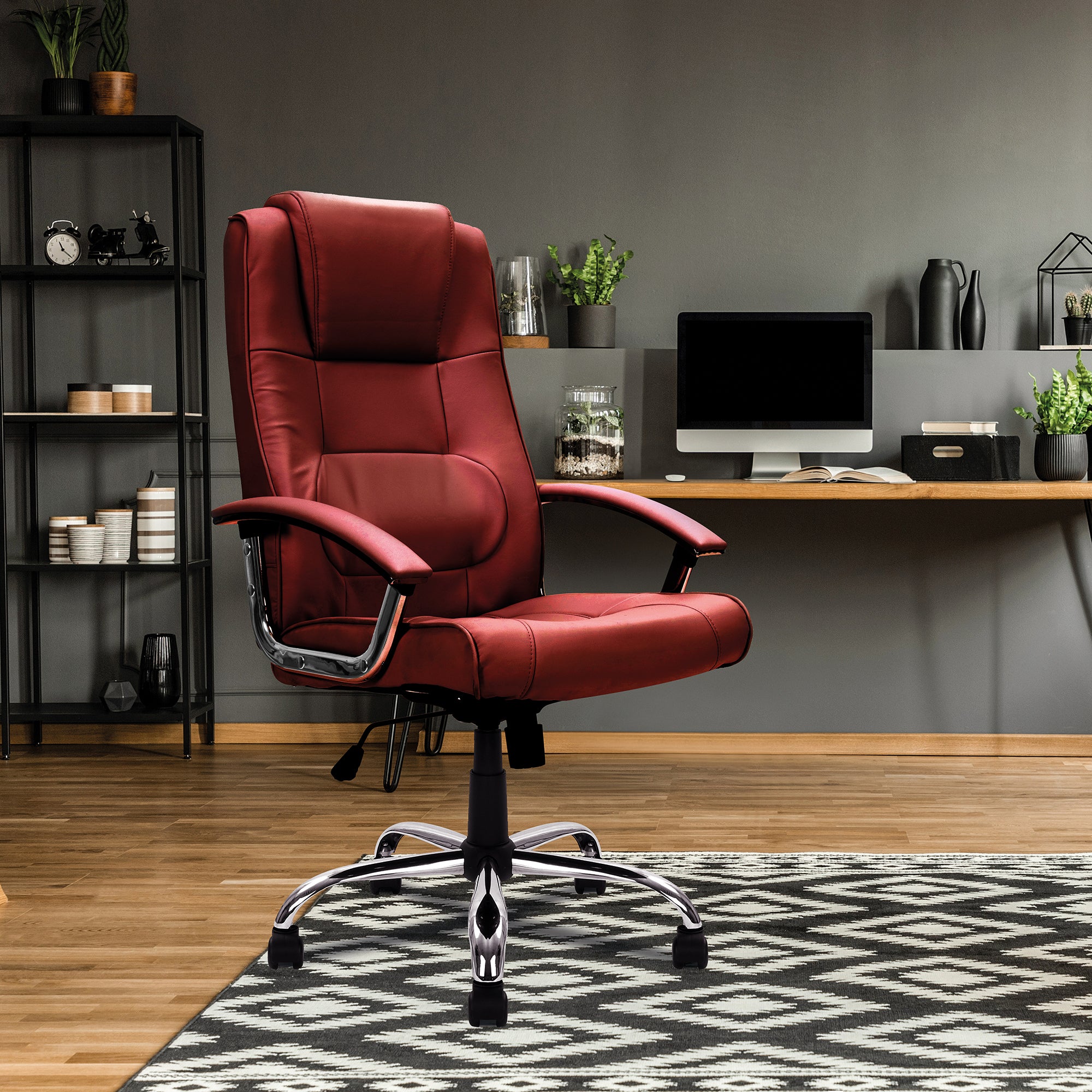Westminster High Back Leather Faced Executive Armchair with Integral Headrest and Chrome Base