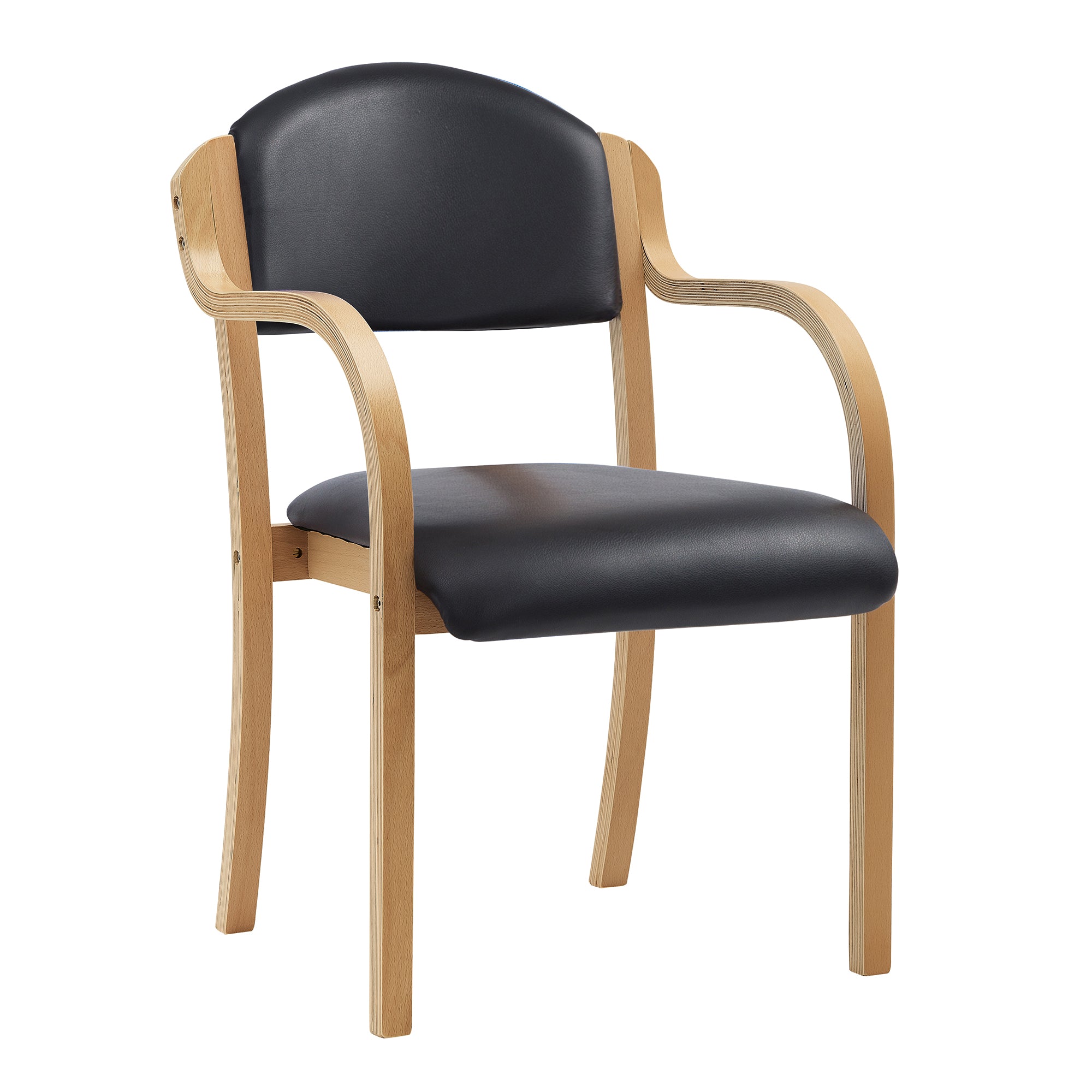 Wooden chair with black vinyl seat and back on a white background