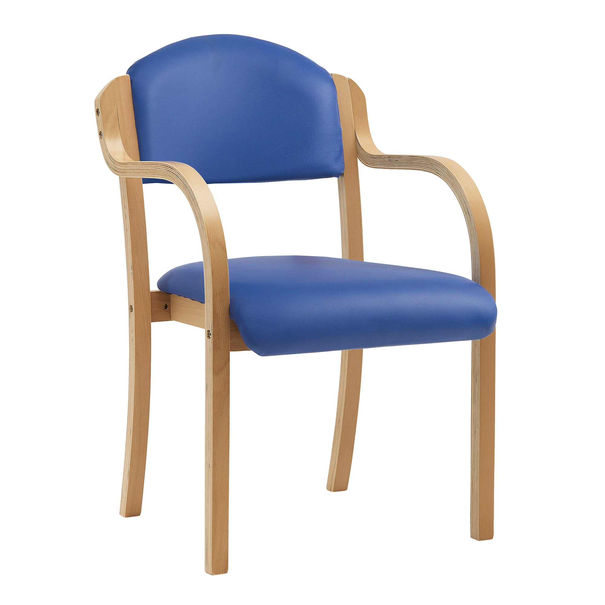 Wooden chair with blue vinyl seat and back on a white background