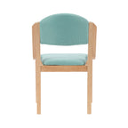 Light blue chair with wooden frame on a white background