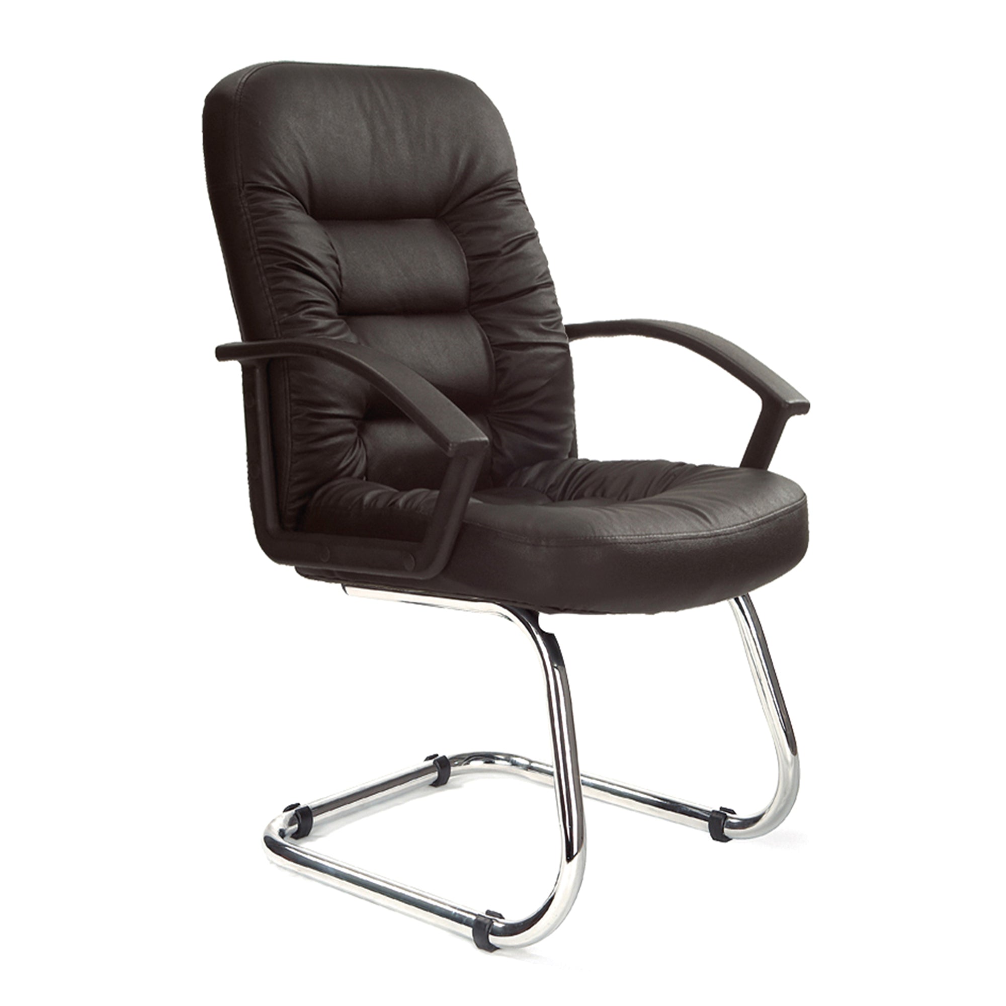 Black leather office chair with chrome legs on a white background