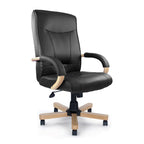 Black office chair with wooden accents on a white background