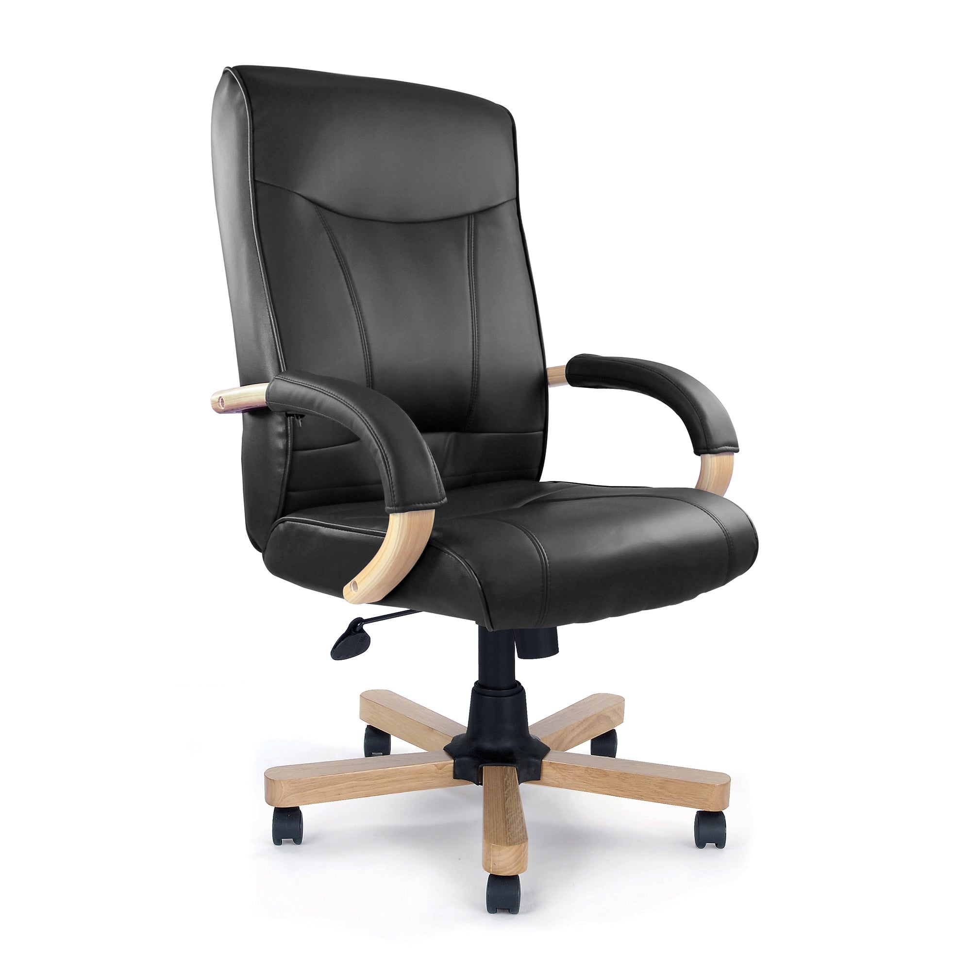 Black office chair with wooden accents on a white background