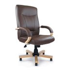 Brown office chair with wooden armrests and legs on a white background