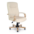 Beige office chair with wooden armrests and legs on a white background