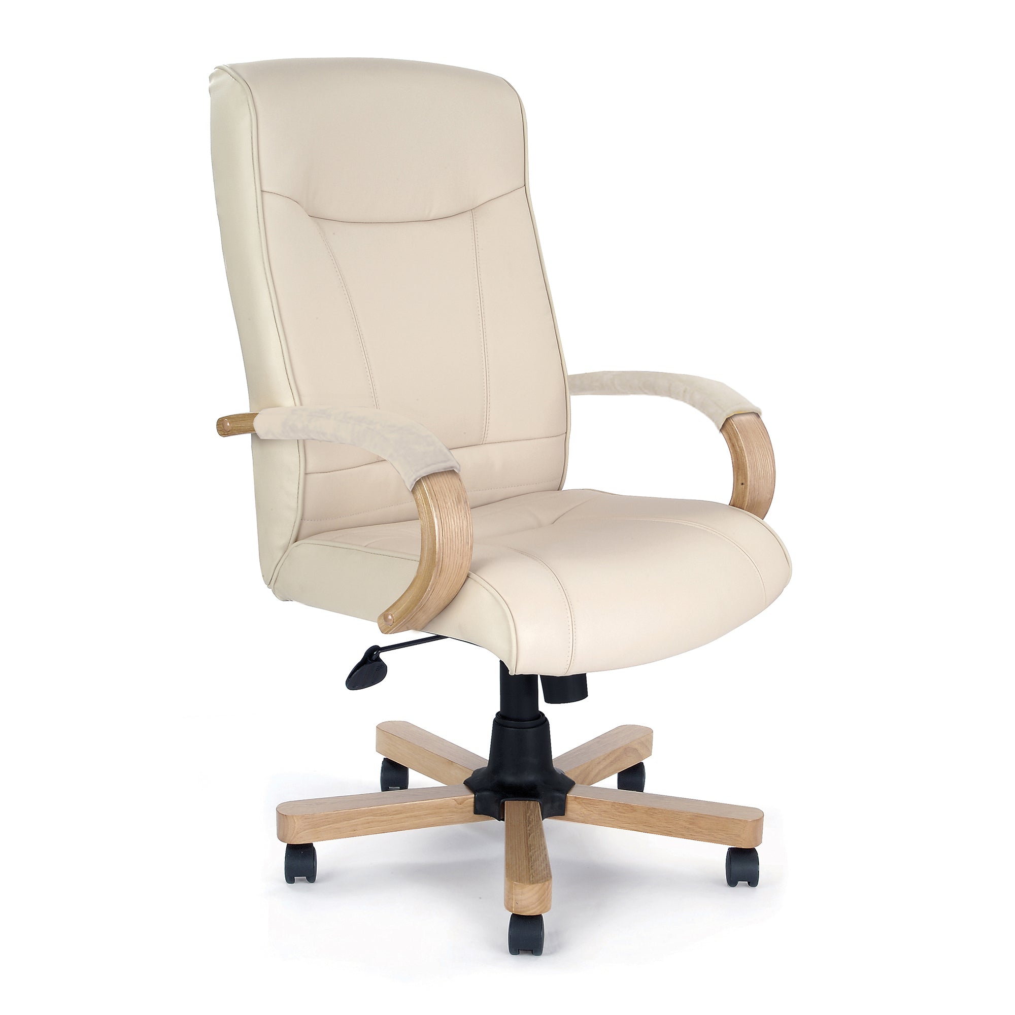 Beige office chair with wooden armrests and legs on a white background