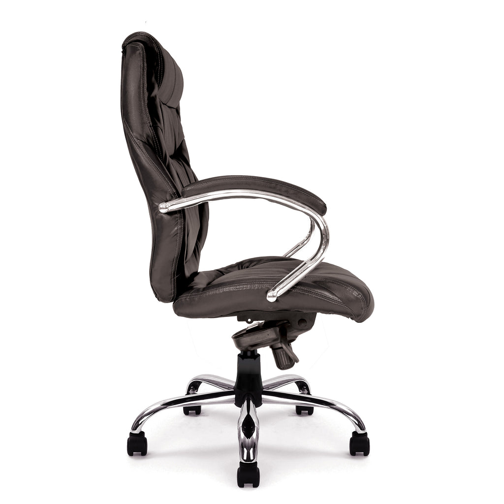 Black office chair with chrome accents on a white background
