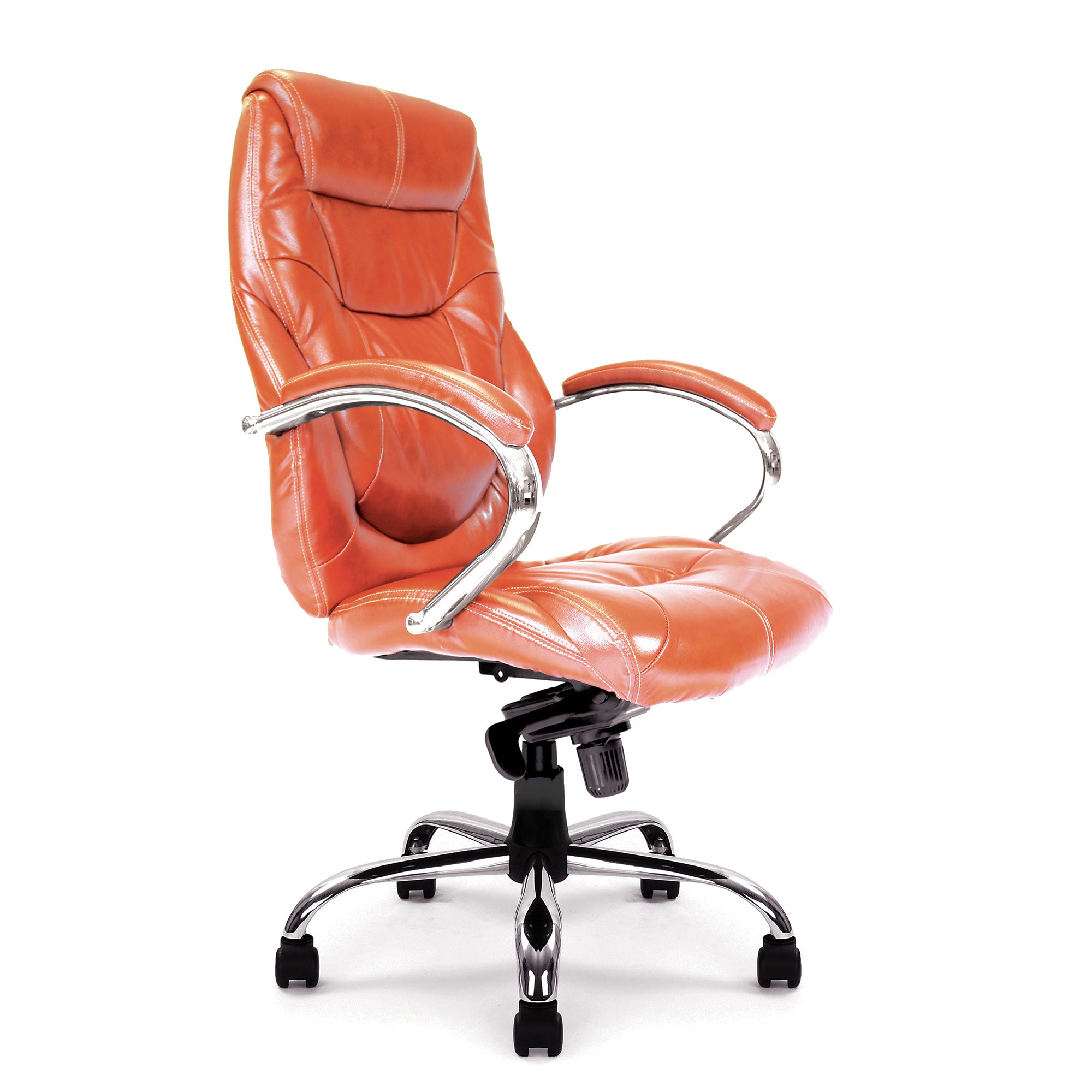 Tan office chair with chrome accents on a white background