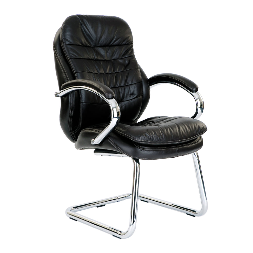 Black leather office chair with chrome frame on a white background