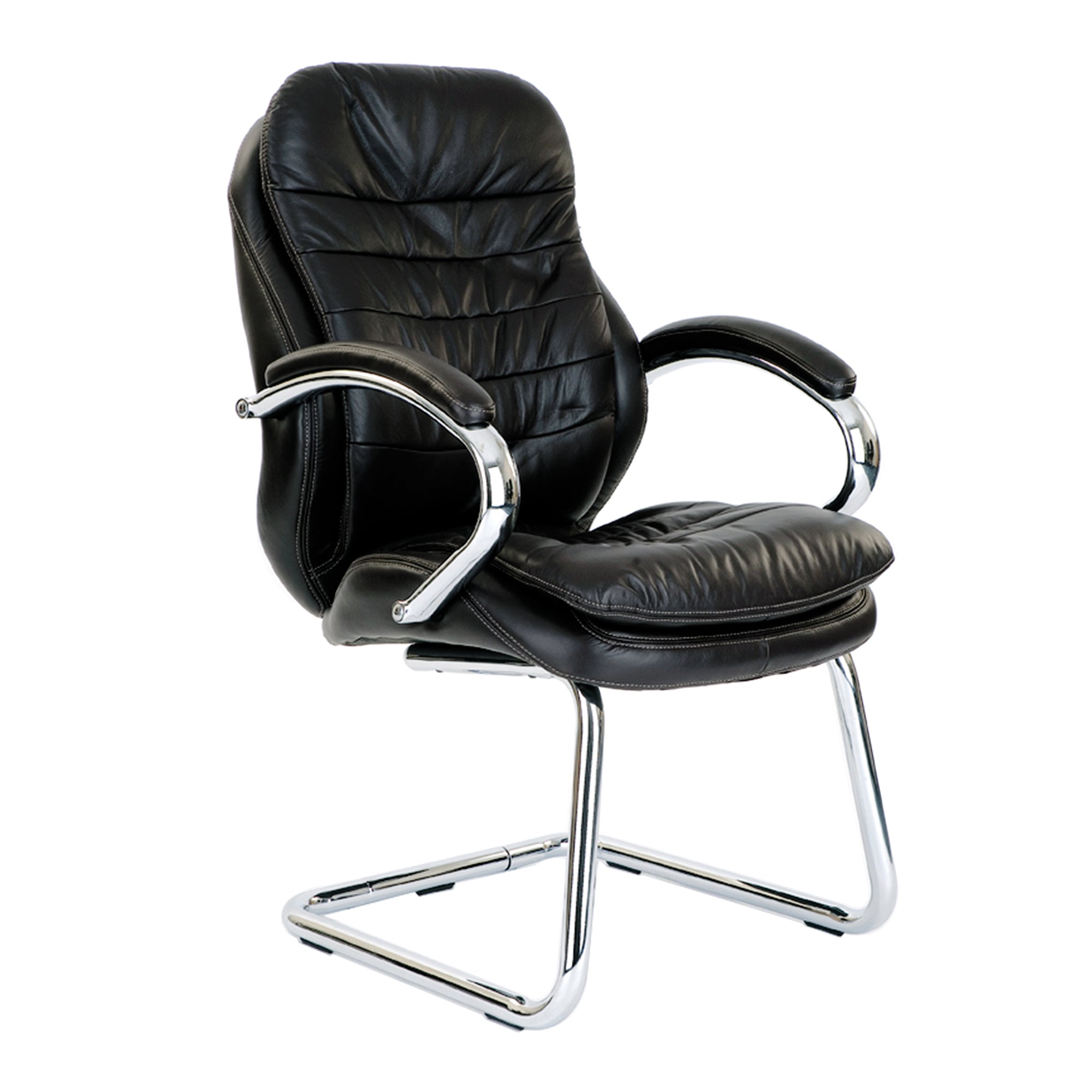 Black leather office chair with chrome frame on a white background
