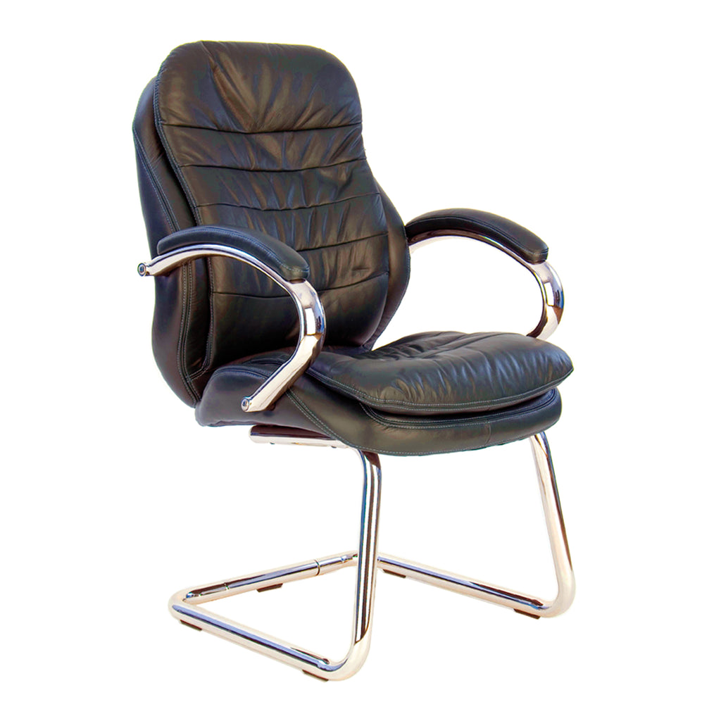 Dark brown leather office chair with chrome frame on a white background