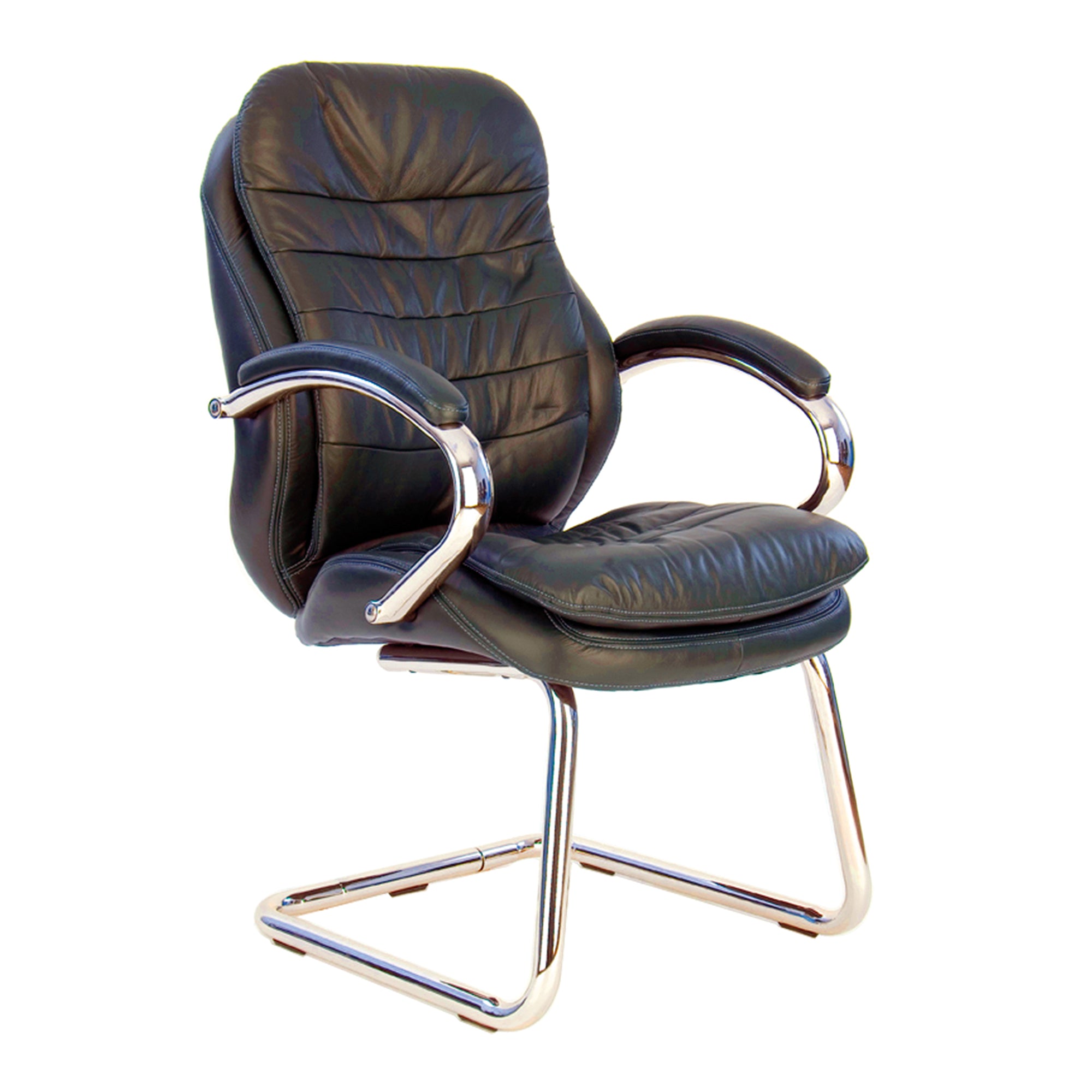 Dark brown leather office chair with chrome frame on a white background