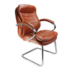 Brown leather office chair with chrome frame on a white background