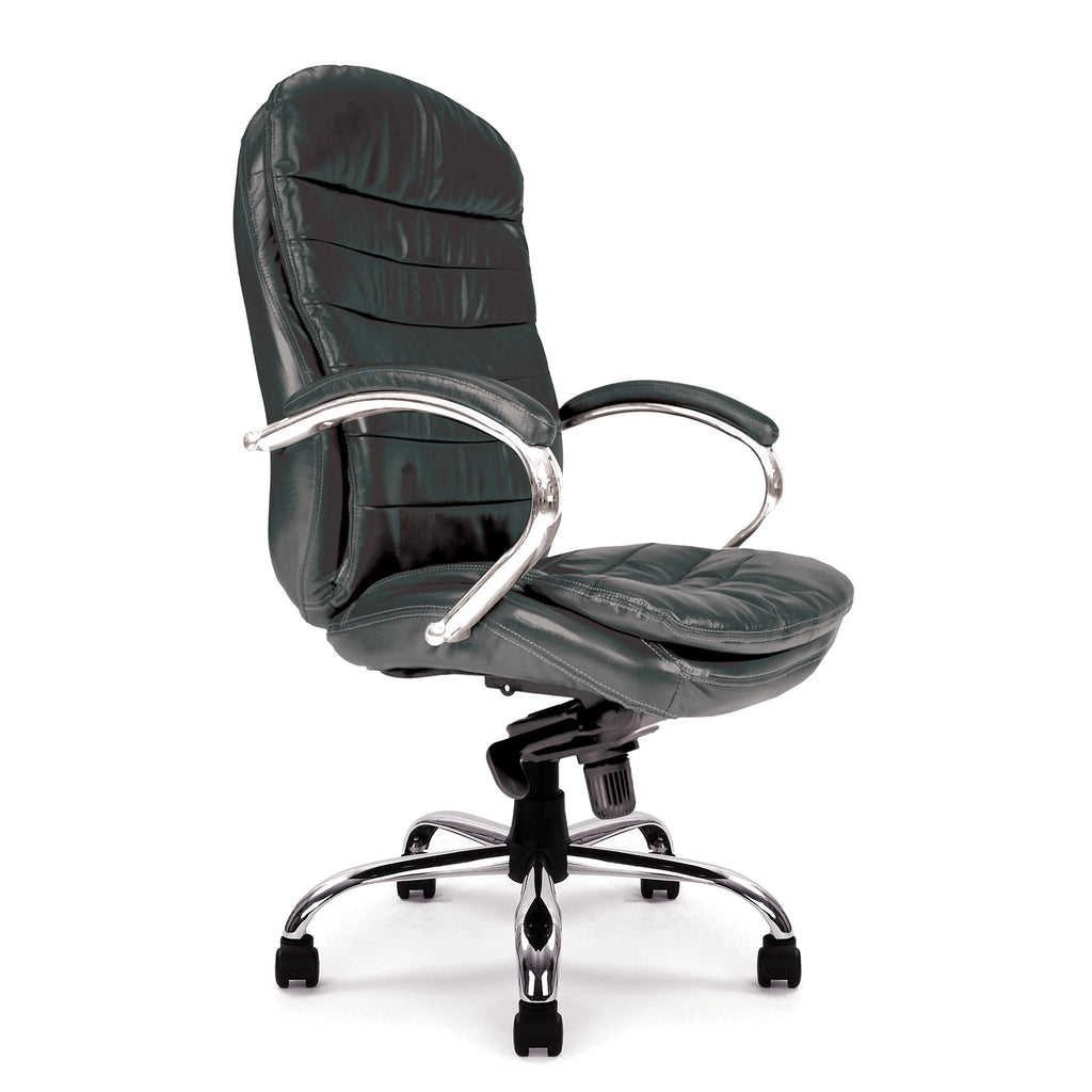 Black office chair with chrome accents on a white background