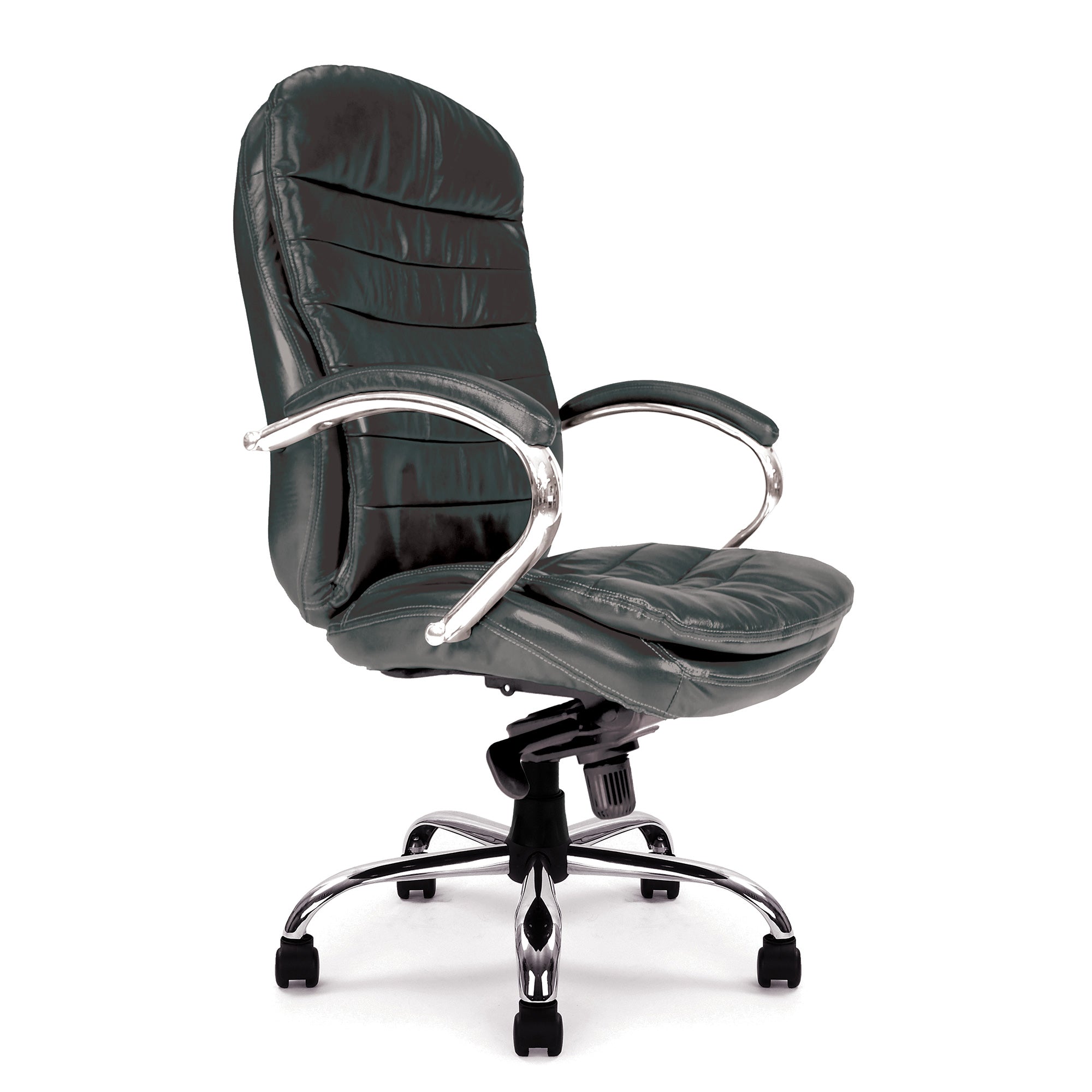 Black office chair with chrome accents on a white background