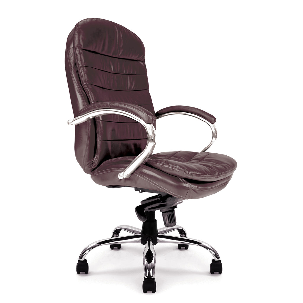 Brown office chair with chrome accents on a white background