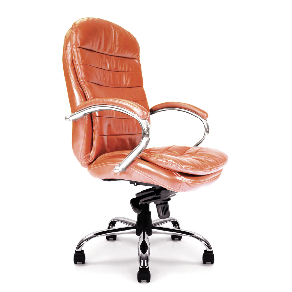 Tan leather office chair with chrome frame on a white background