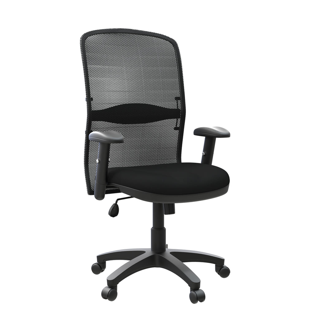 Black mesh back office chair on a white background