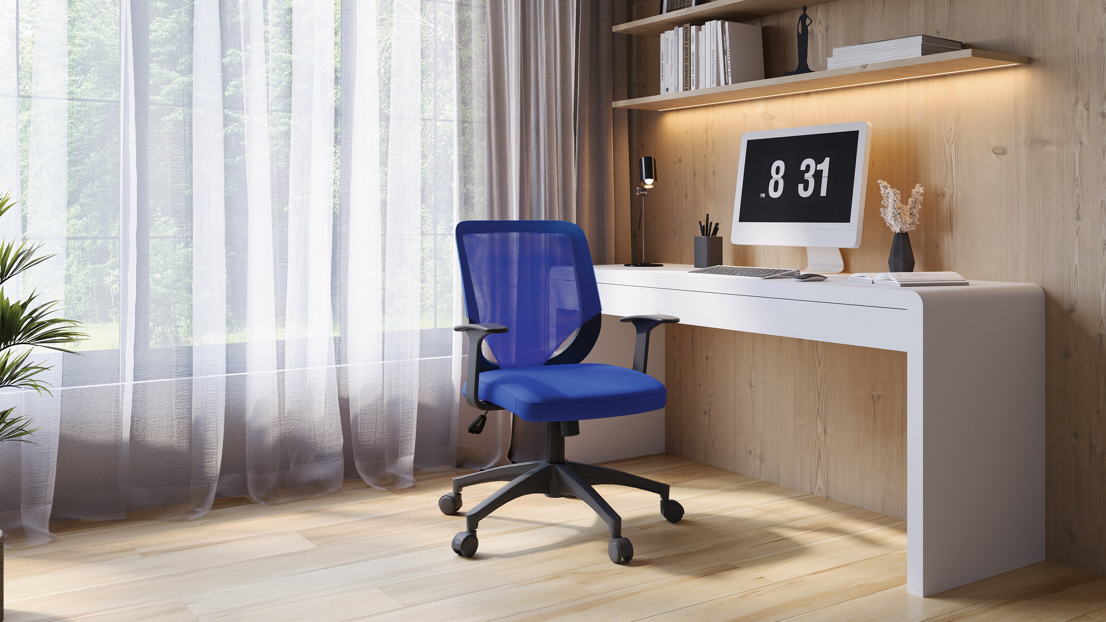 Modern office setup with a blue chair, white desk, and computer monitor.