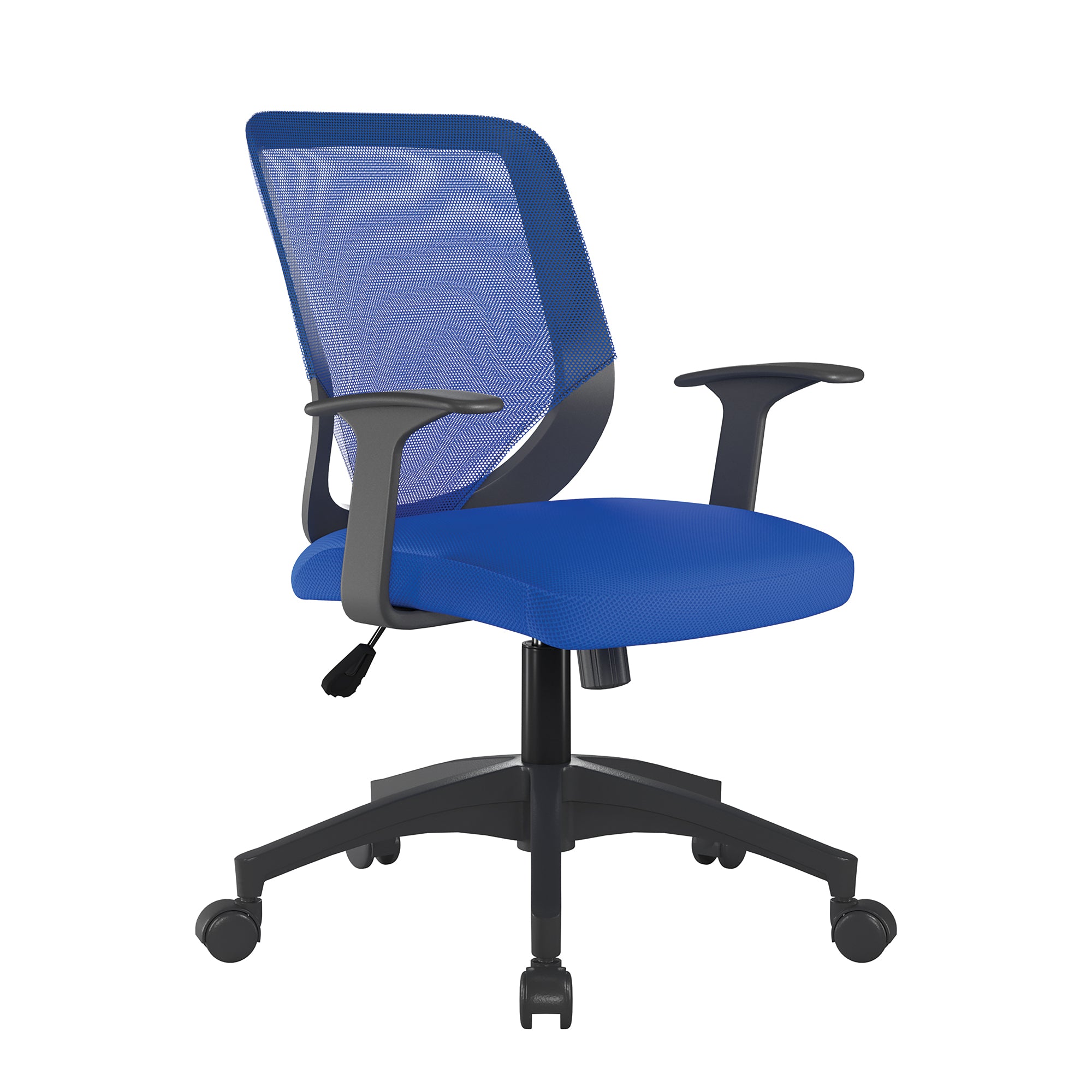 Blue office chair with fixed arms and mesh backrest on a white background