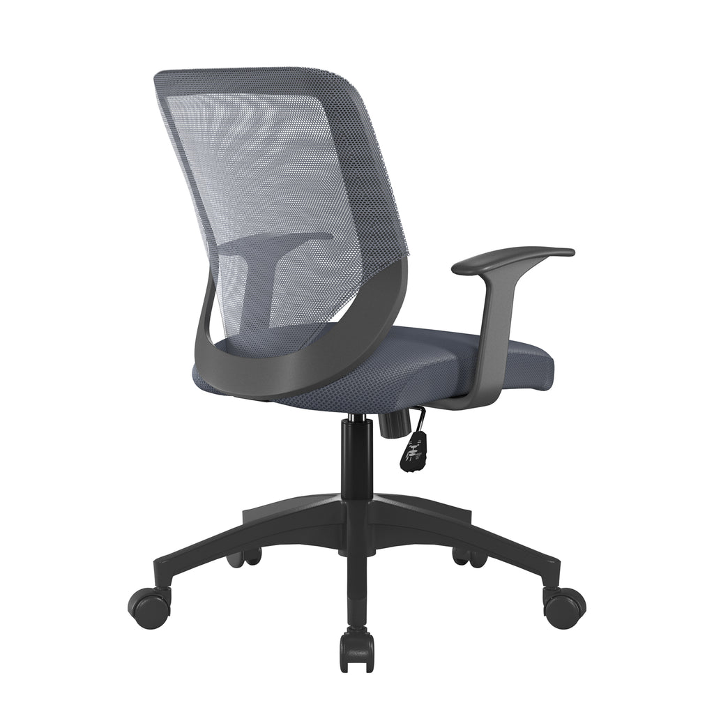 Grey office chair with fixed arms  mesh backrest on a white background