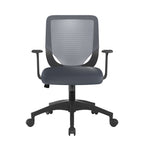 Grey office chair with fixed arms and mesh backrest on a white background