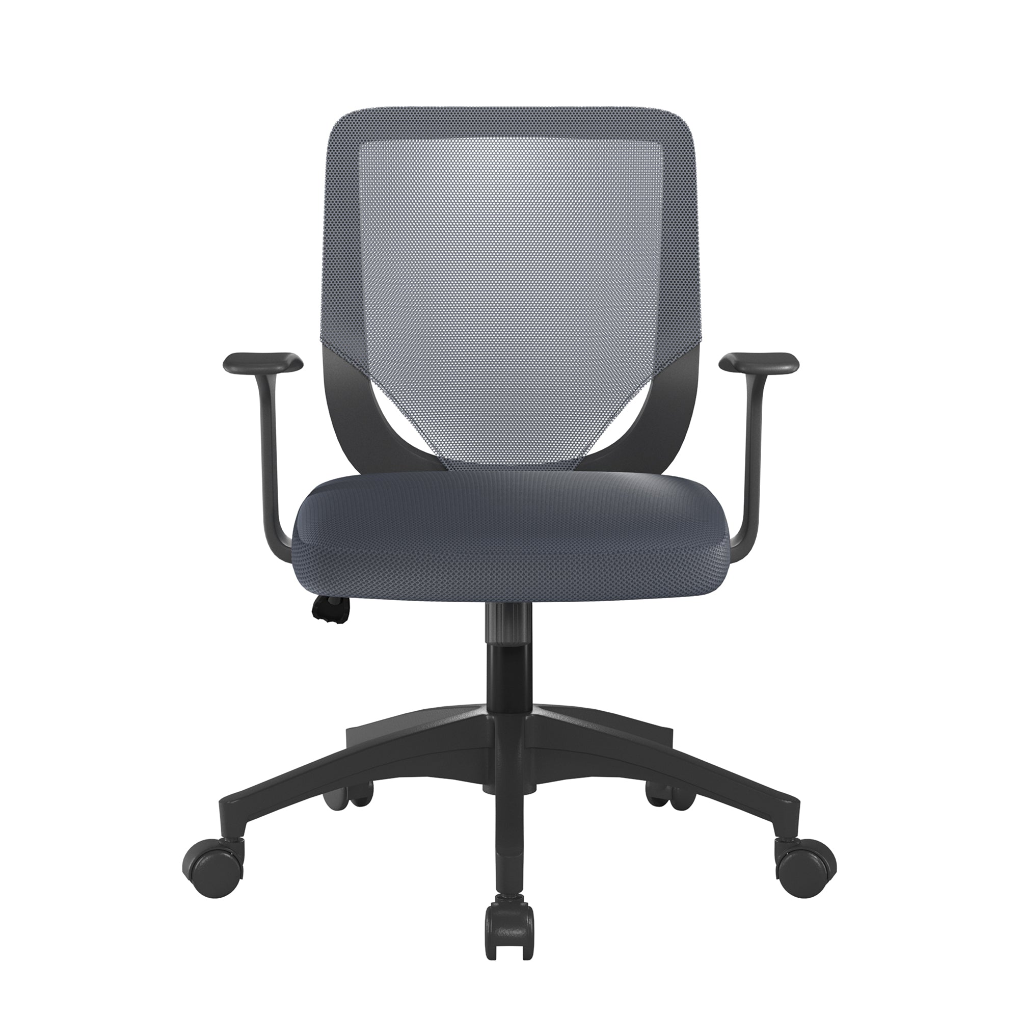Grey office chair with fixed arms and mesh backrest on a white background