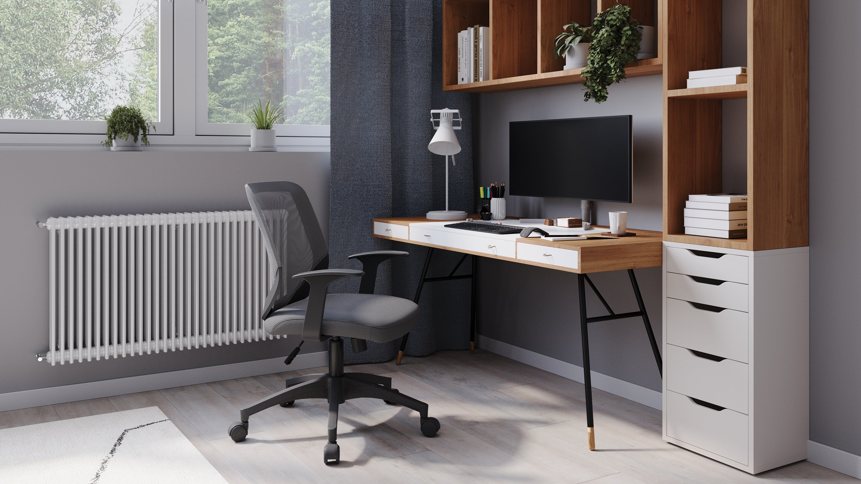 Modern home office with a desk, chair, and bookshelf.