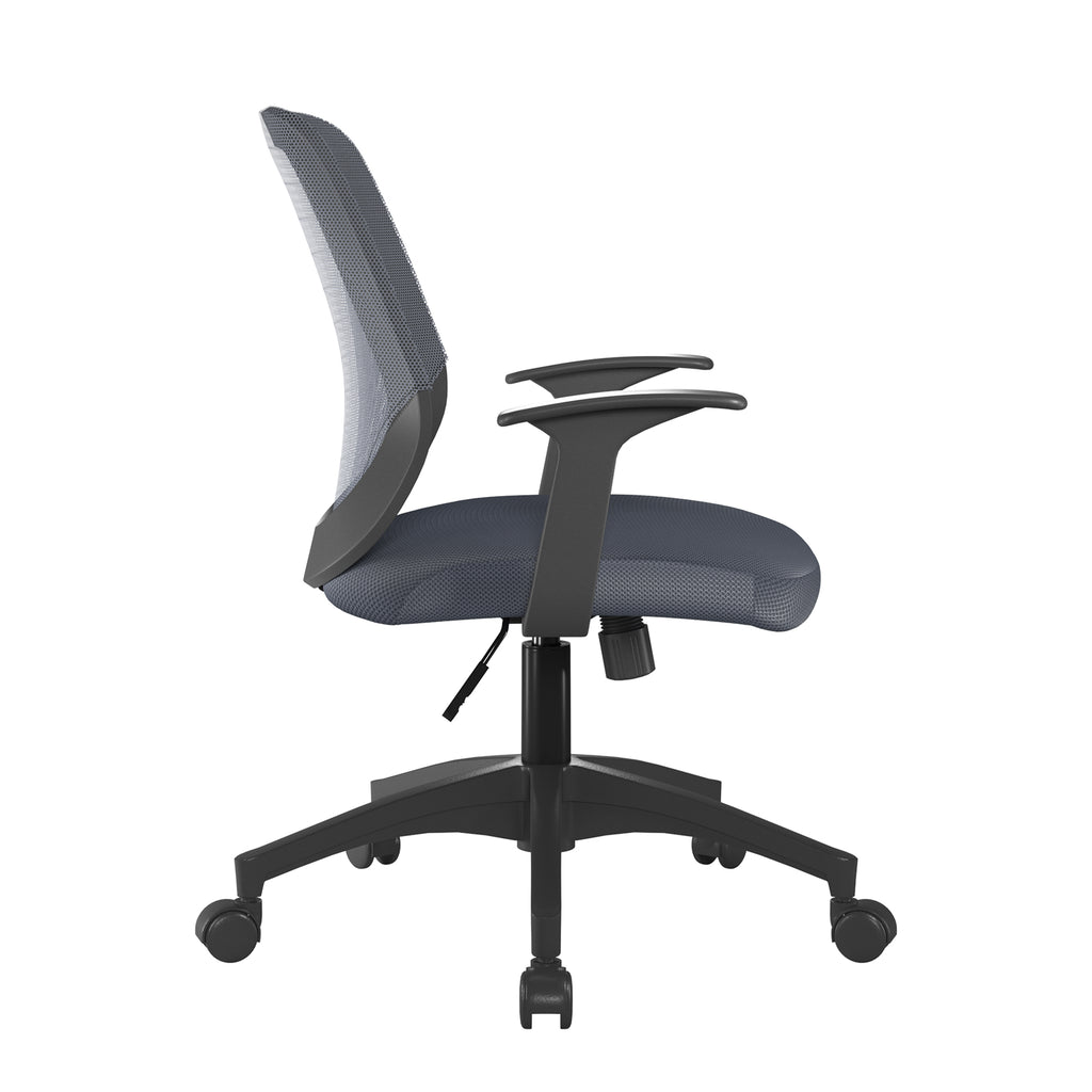 Grey office chair with fixed arms and  mesh backrest on a white background