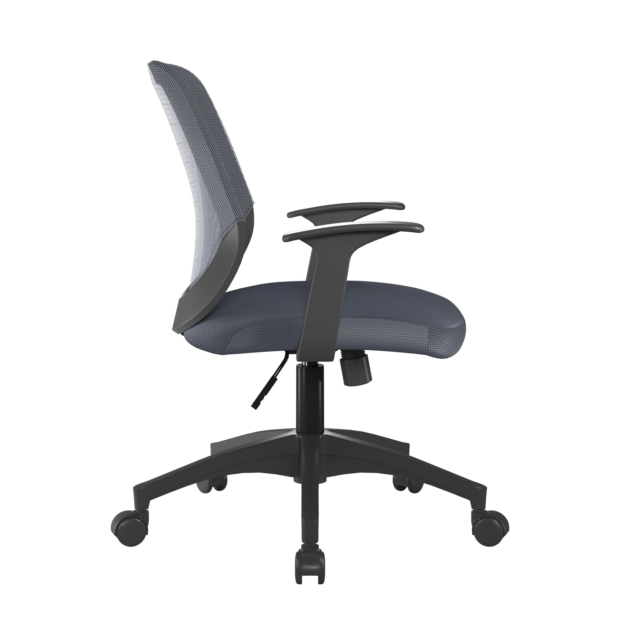 Grey office chair with fixed arms and  mesh backrest on a white background