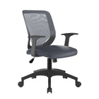 Grey office chair with fixed arms and mesh backrest on a white background