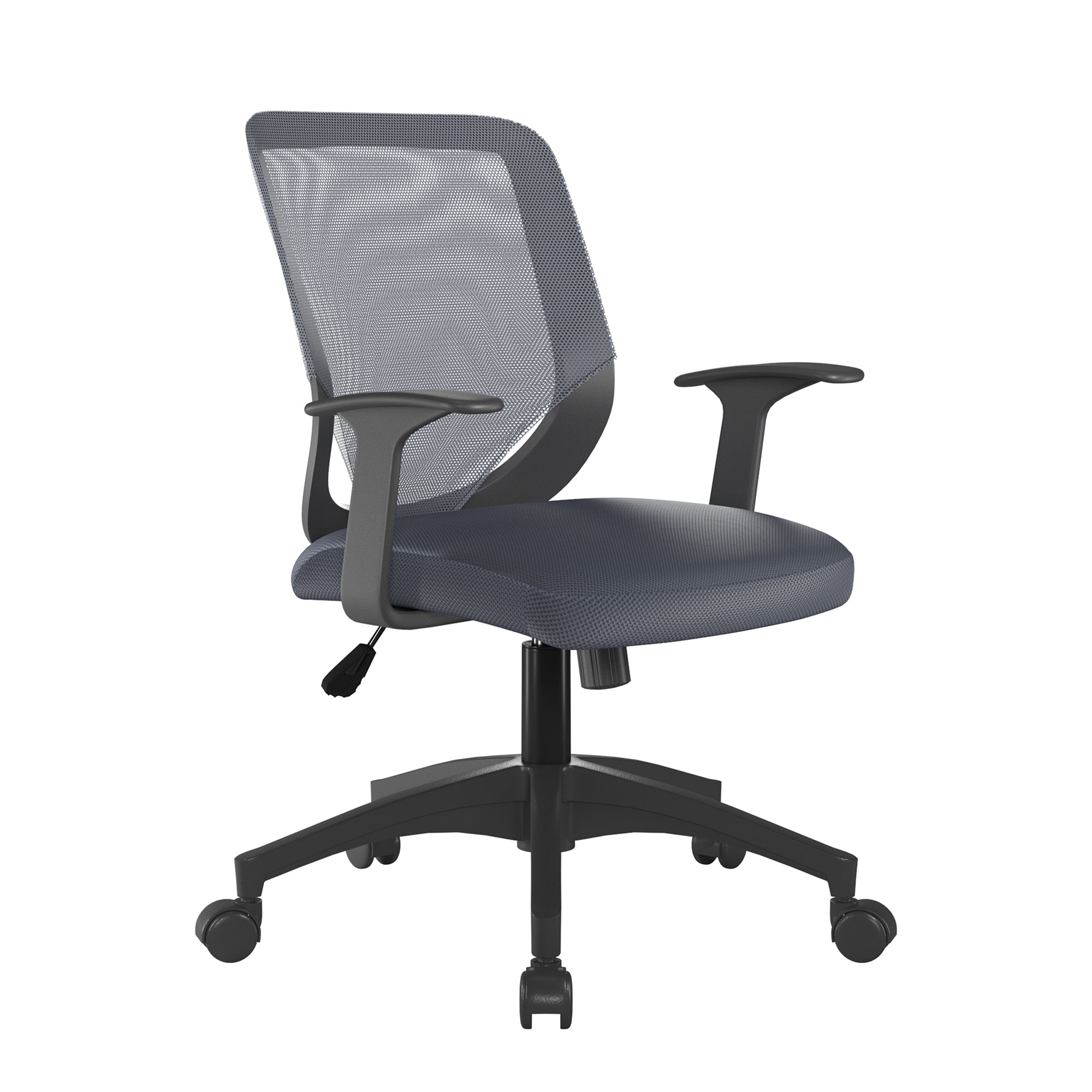Grey office chair with fixed arms and mesh backrest on a white background