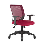 Red office chair with fixed arms and mesh backrest on a white background