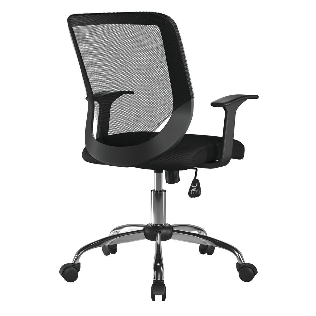 Black office chair with mesh backrest on a white background