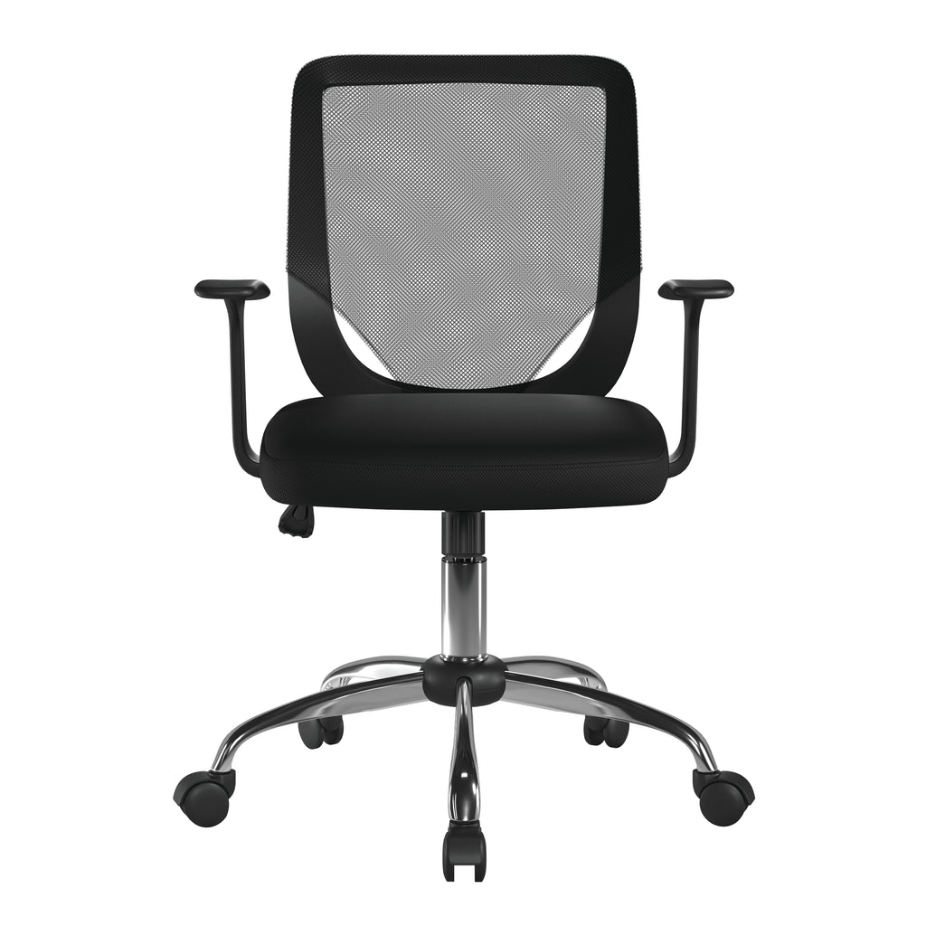 Black office chair with mesh backrest on a white background