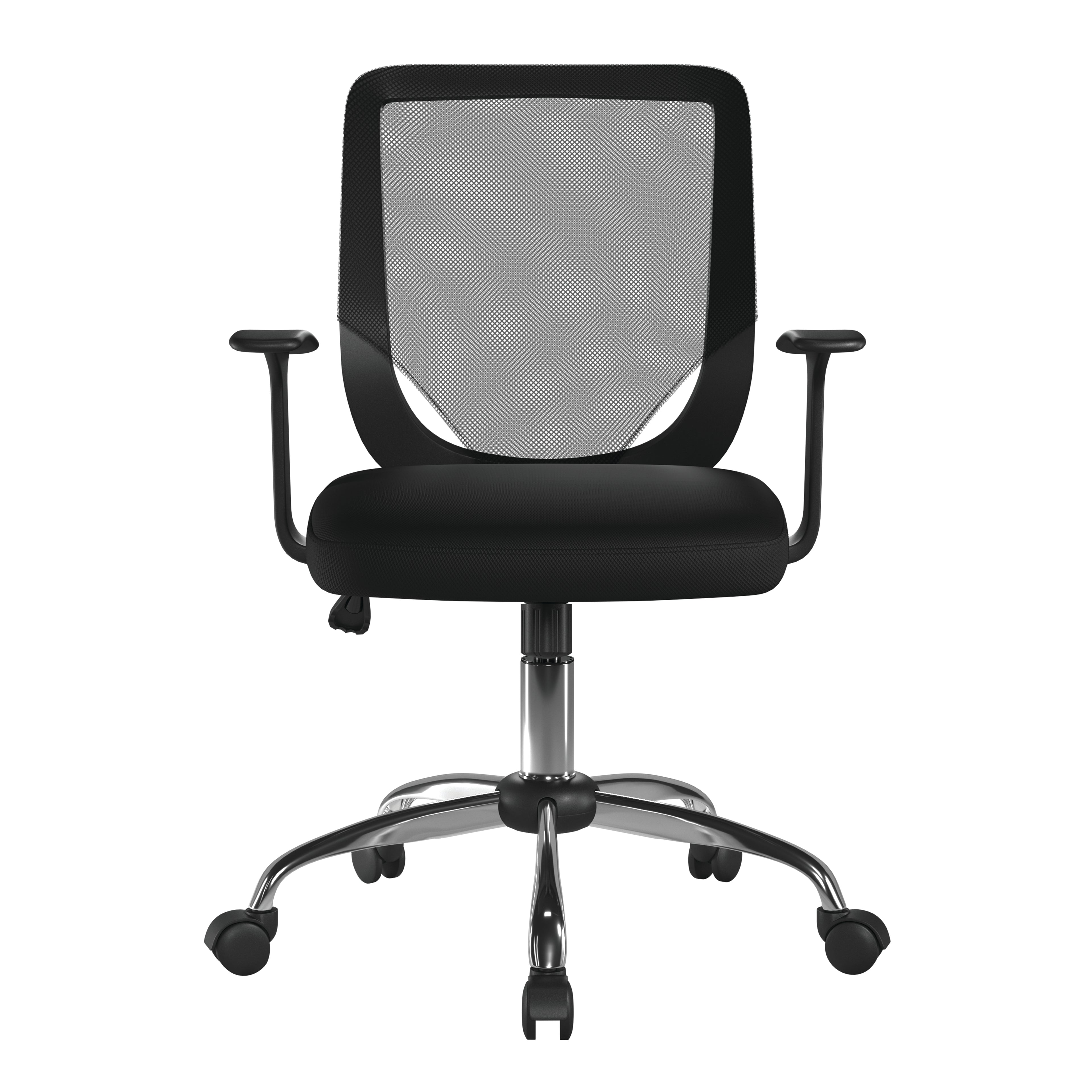 Black office chair with mesh backrest on a white background