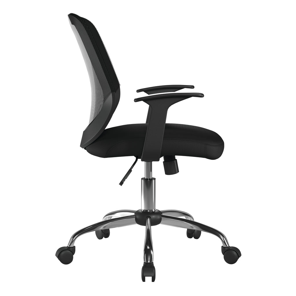 Black office chair with mesh backrest on a white background