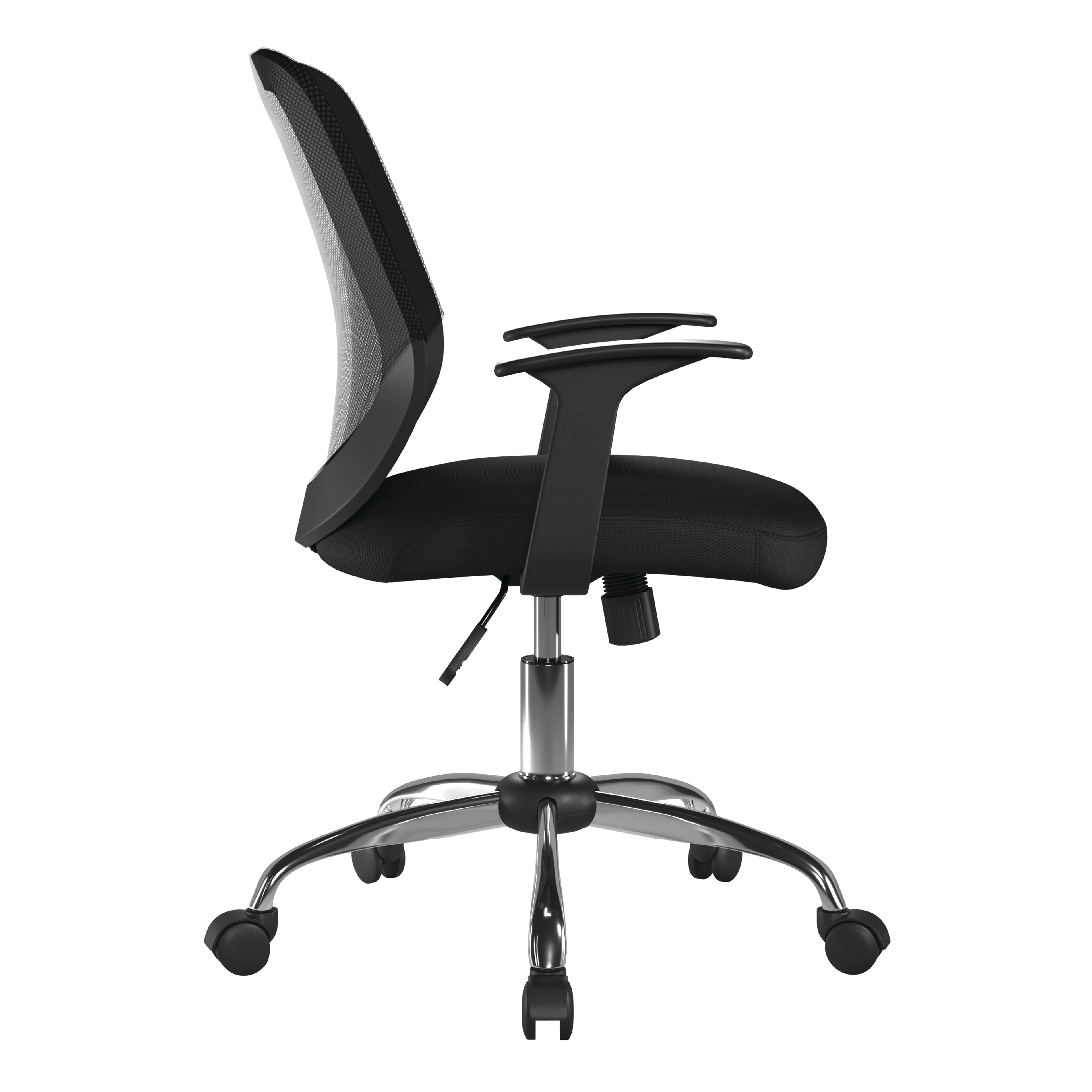 Black office chair with mesh backrest on a white background