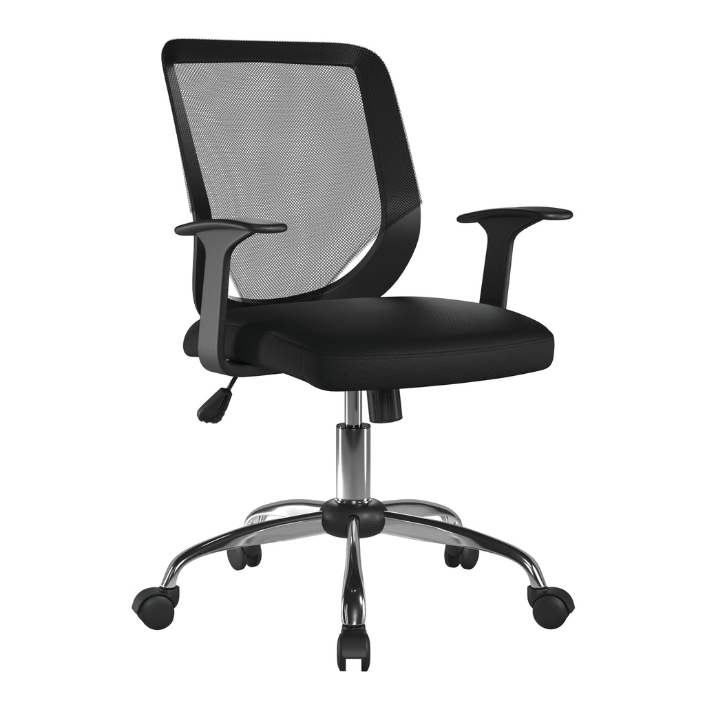 Black office chair with mesh backrest on a white background