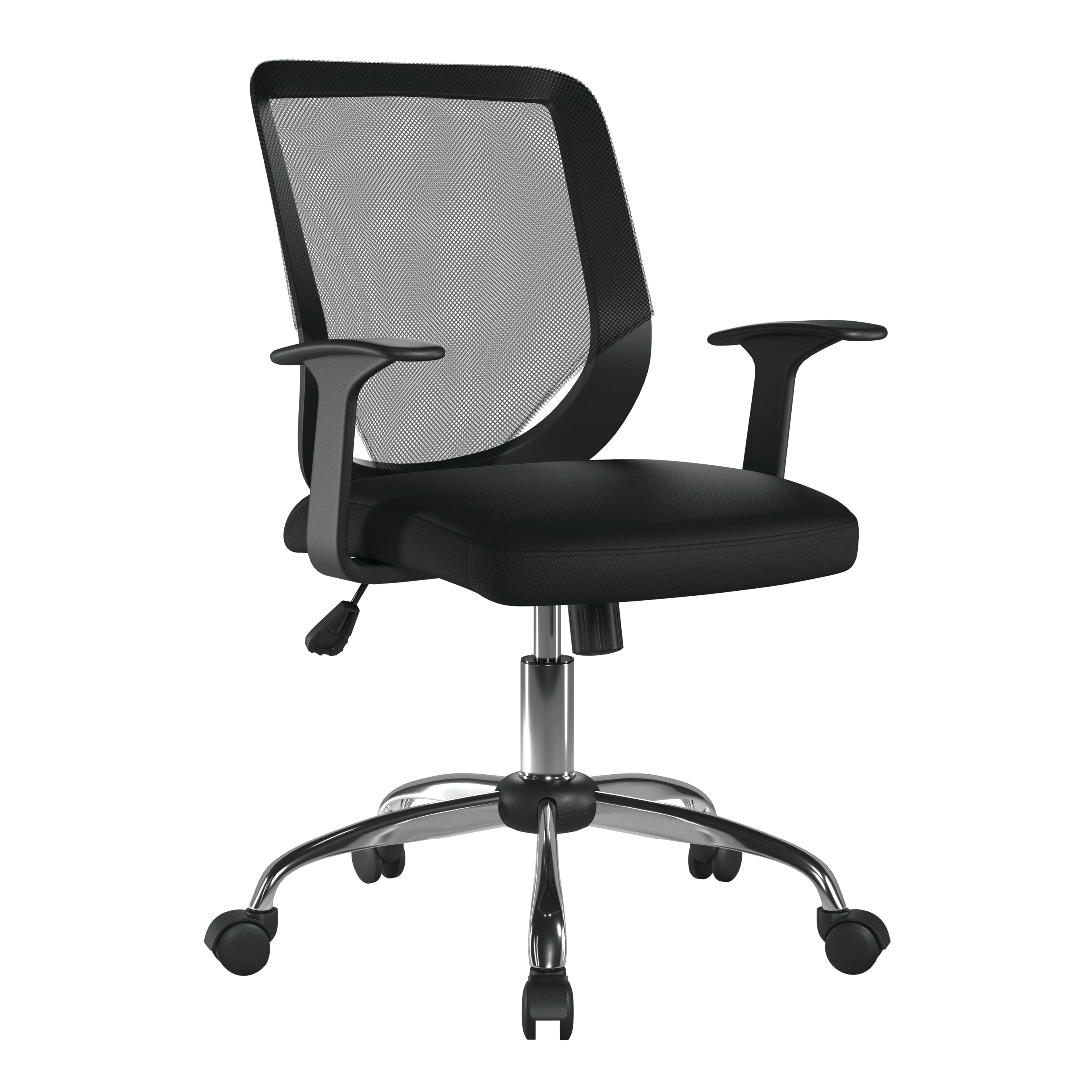 Black office chair with mesh backrest on a white background
