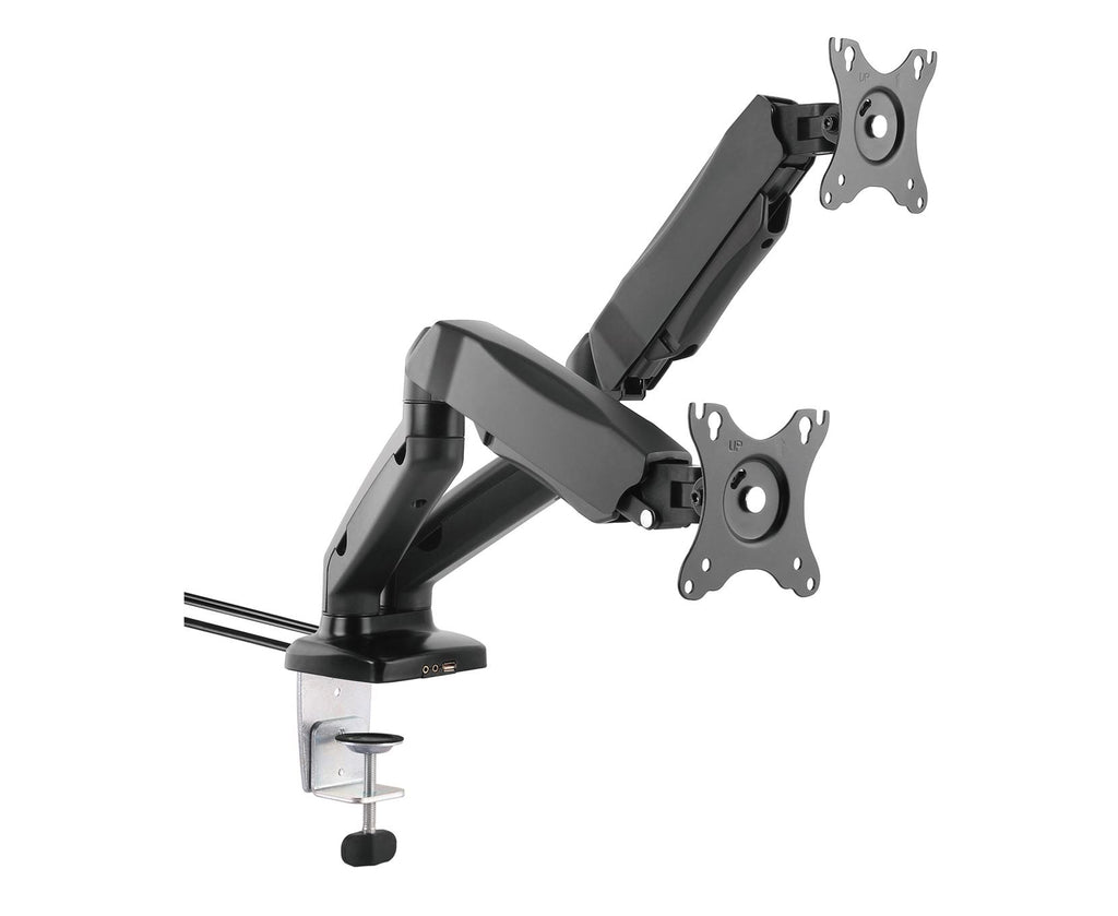 Black double monitor arm on a white background